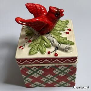 Fitz & Floyd Winterberry Christmas Box with Lid Ceramic Cardinal Plaid